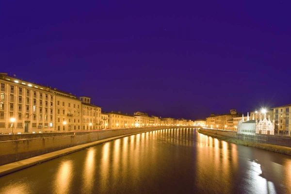 Italy, Pisa Lights reflect on the Arno River